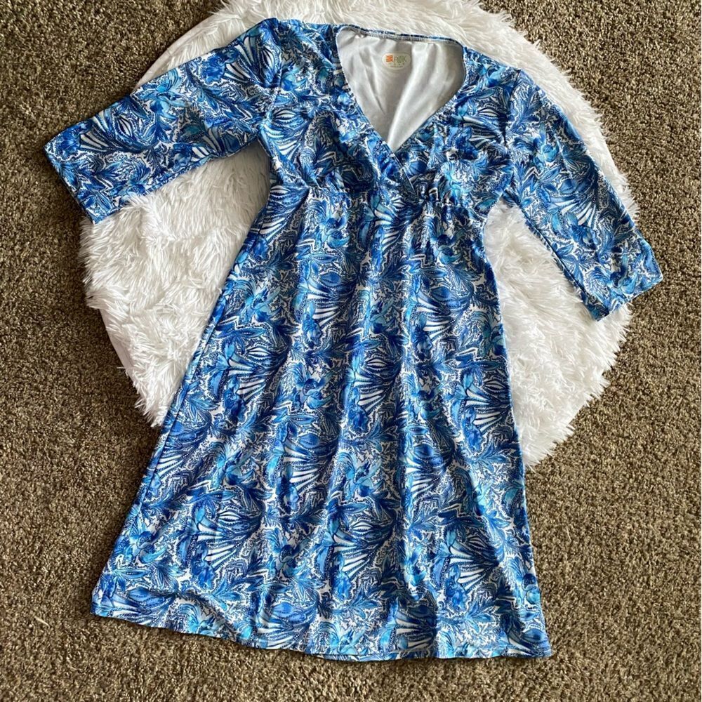 Spunk Wear Dress Floral Vneck Elastic Waist Womens Size Small Blue White Stretch